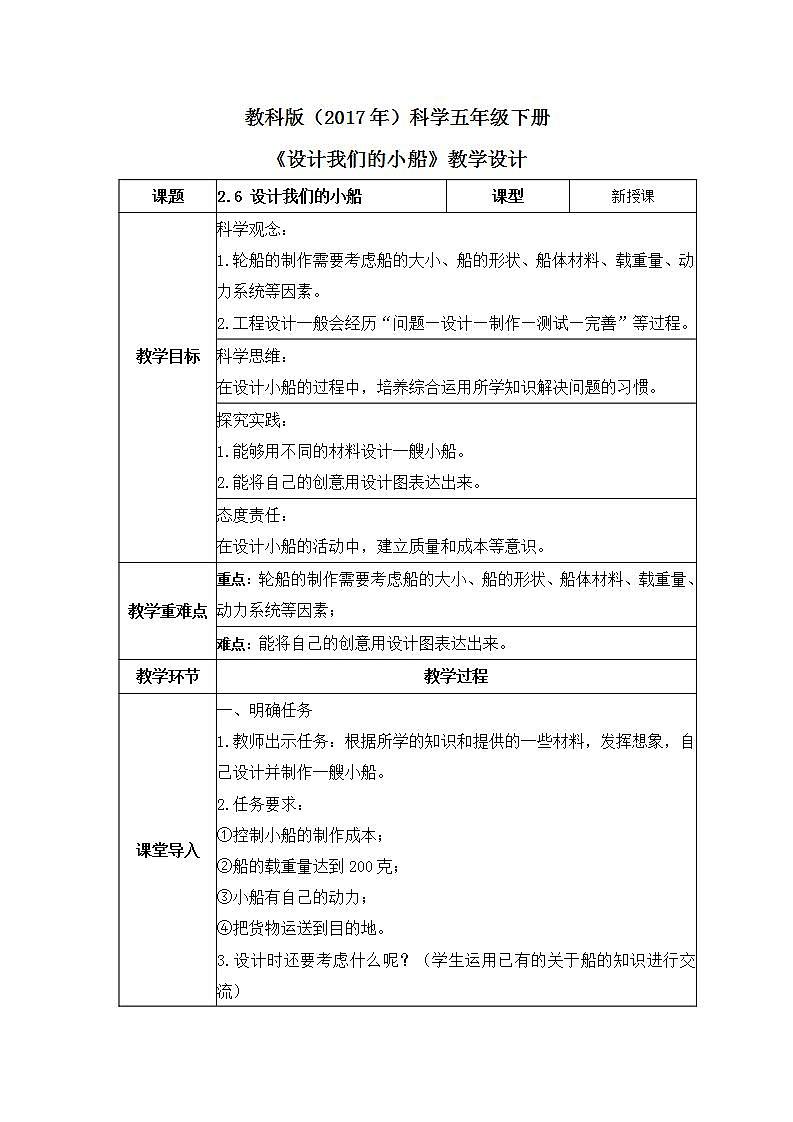 教科版科学五年级下册2.6《设计我们的小船》教案第1页