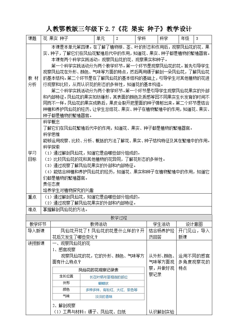 【核心素养】人教鄂教版科学三年级下册 2.7《花果实种子》课件+教案+分层练习01