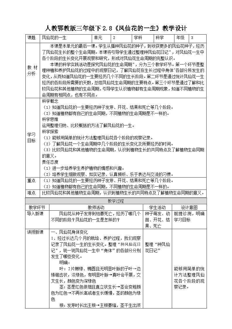 【核心素养】人教鄂教版科学三年级下册 2.8《凤仙花的一生》教案第1页