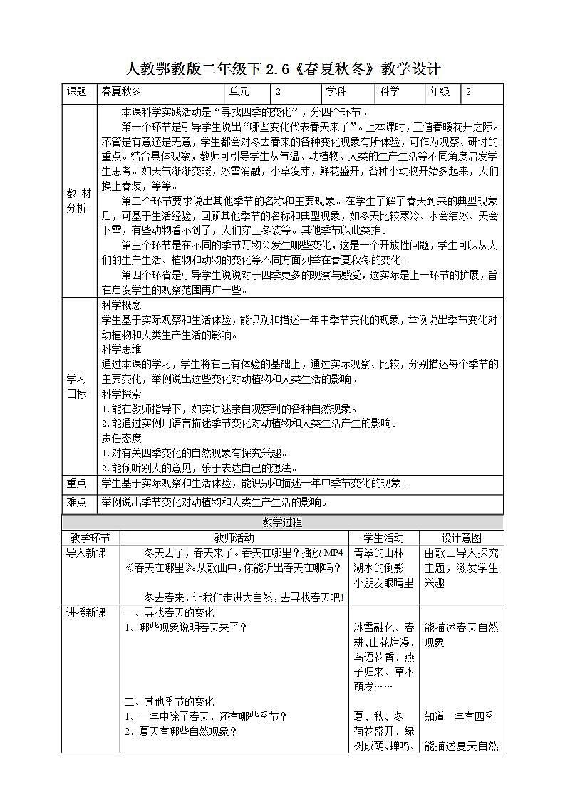 【核心素养】人教鄂教版科学二年级下册2.6《春夏秋冬》课件+教案+分层练习01