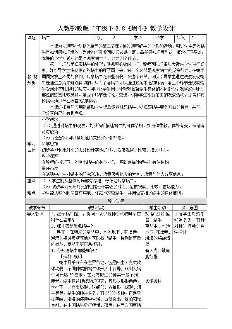 【核心素养】人教鄂教版科学二年级下册3.8《蜗牛》课件+教案+分层练习01