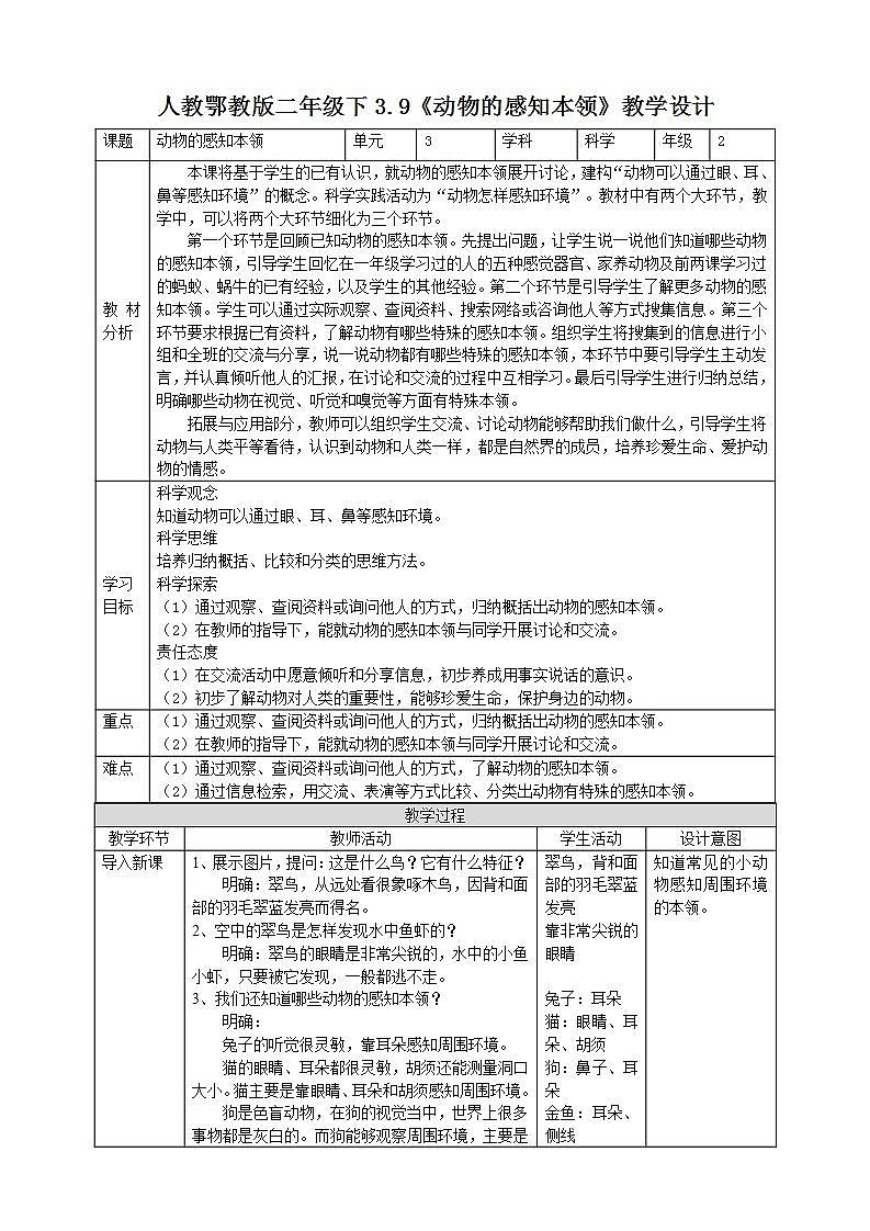 【核心素养】人教鄂教版科学二年级下册3.9《动物的感知本领》课件+教案+分层练习01