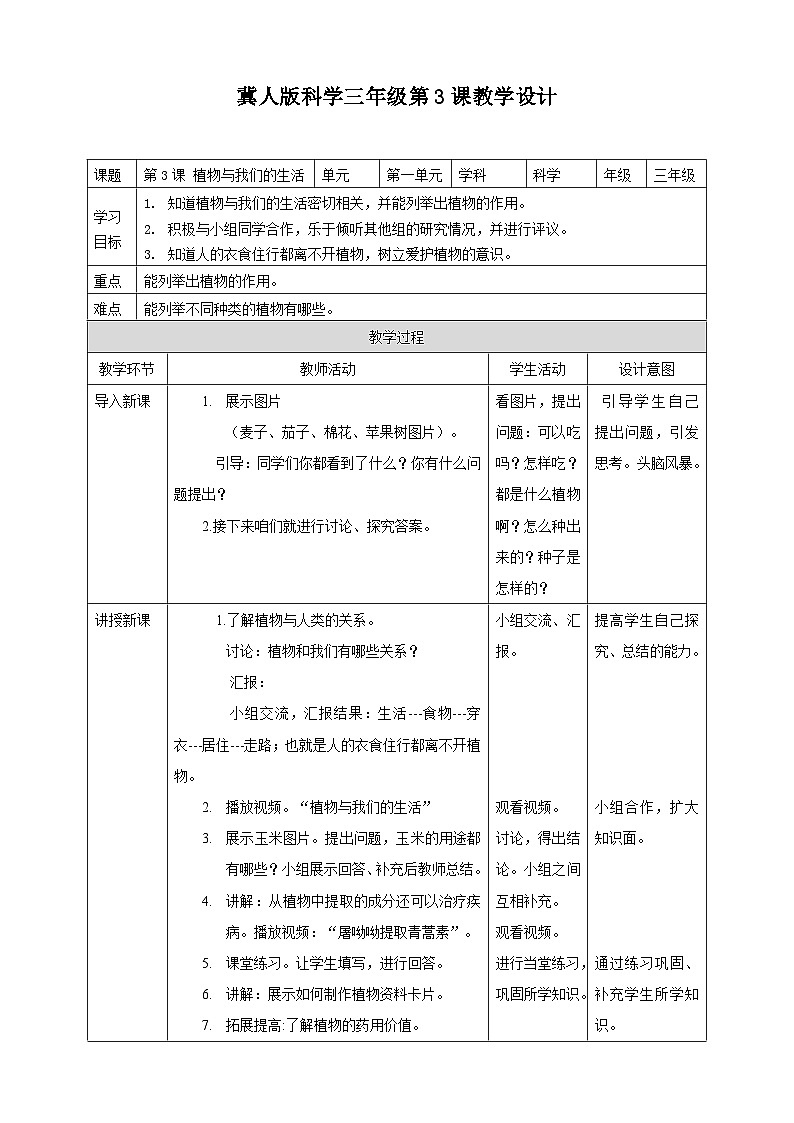 冀人版科学三年级下册 3《植物与我们的生活》课件+教案+练习01