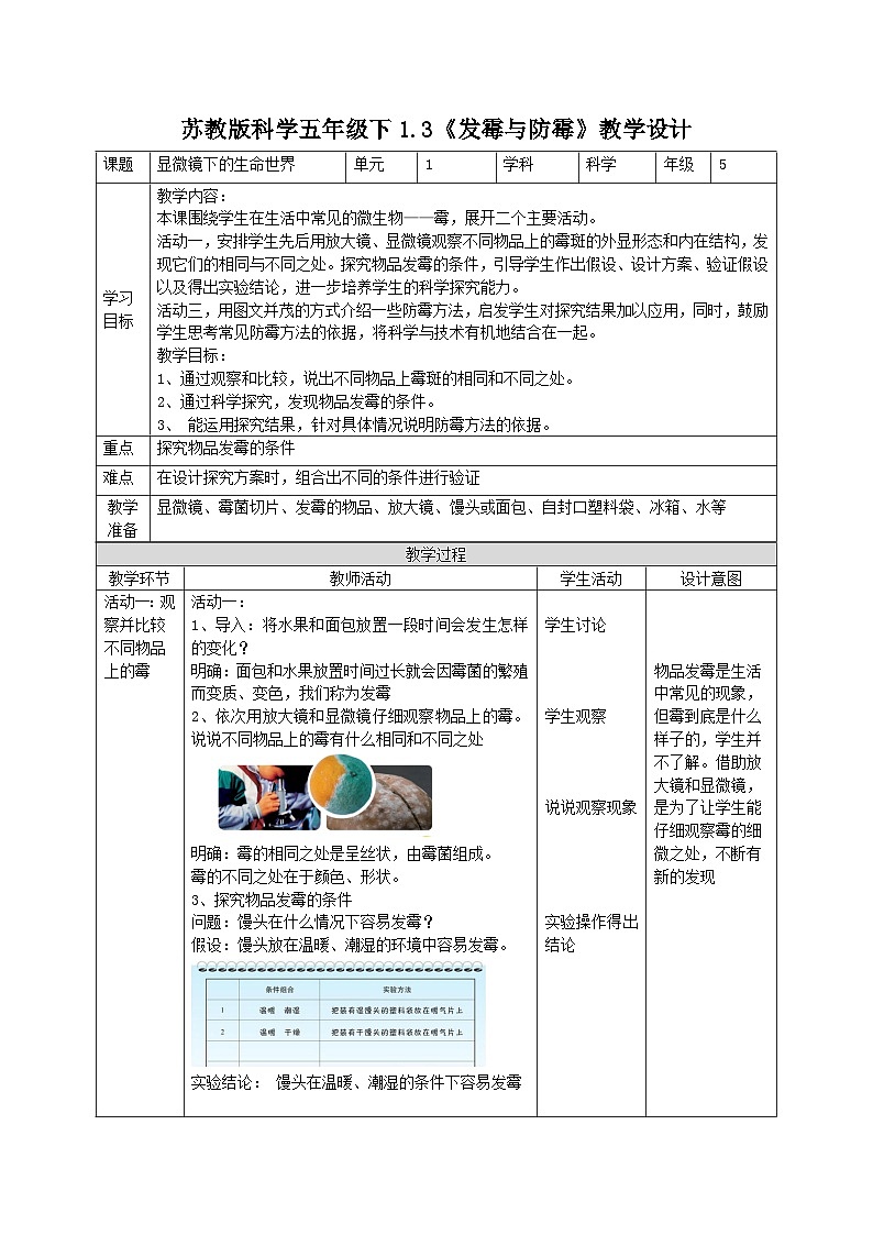 苏教版科学五年级下册 1.3发霉与防霉 教学课件+同步教案01