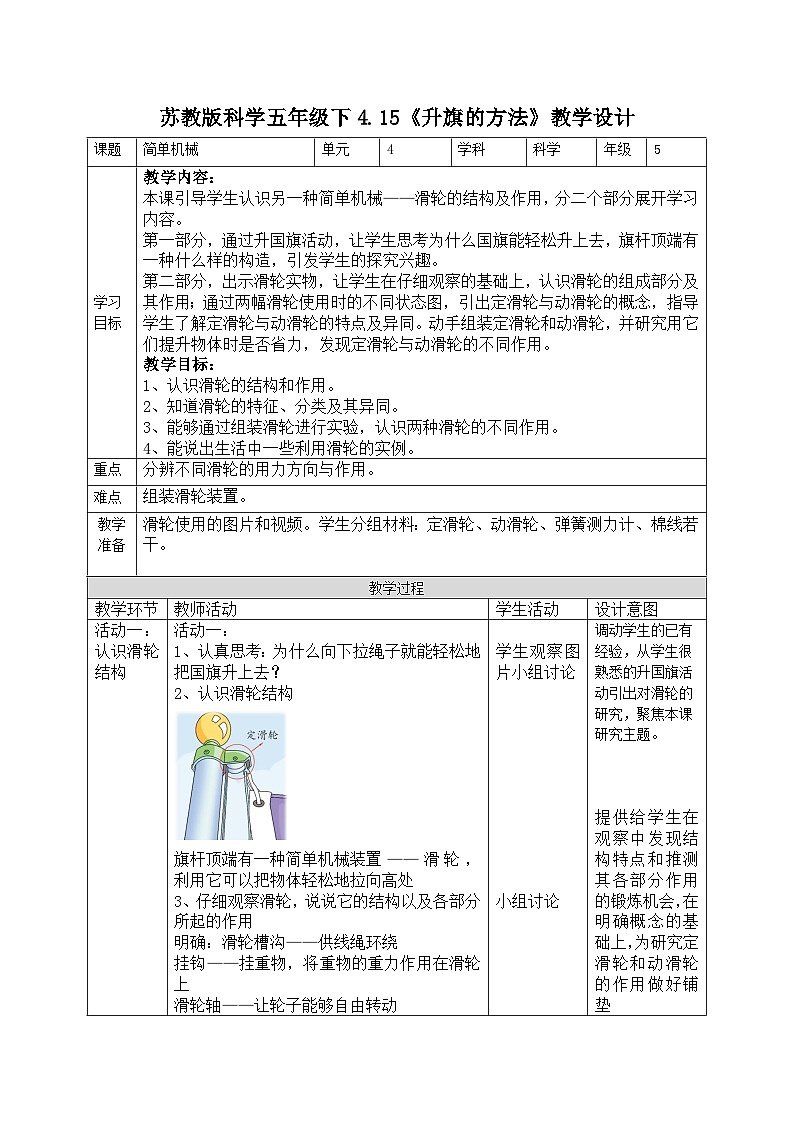 苏教版科学五年级下册 4.15升旗的方法 教学课件+同步教案01