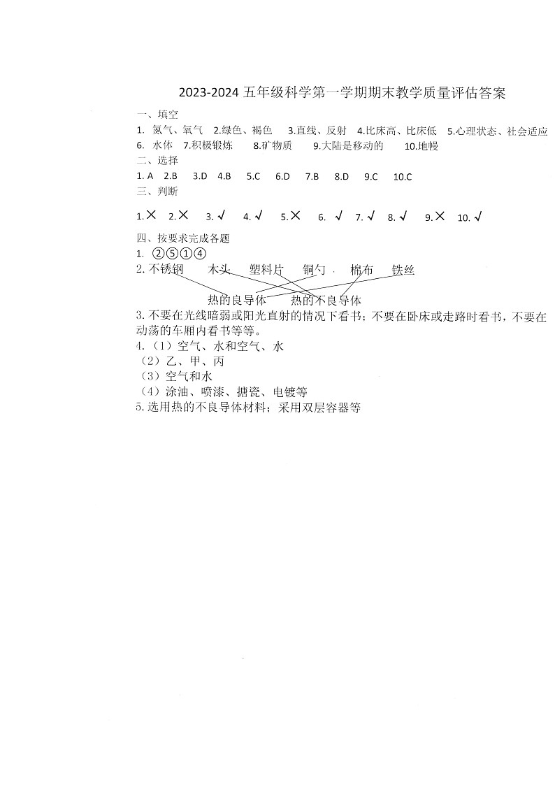 河北省沧州市盐山县2023-2024学年五年级上学期1月期末科学试题第1页