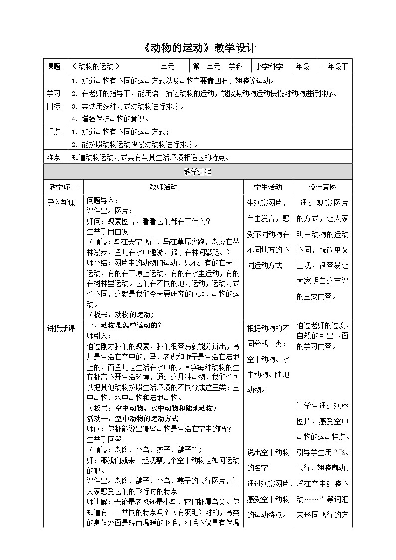 青岛版小学科学一年级下册第二单元《认识周围的动物》—6.动物的运动（教学设计）第1页