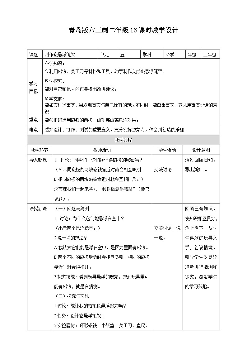 【青岛版六三制】二下科学  5.16制作磁悬浮笔架  课件+教案+练习+素材01