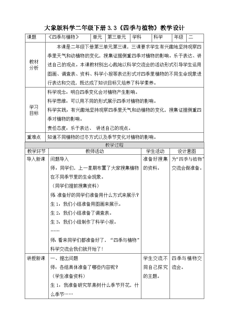 【核心素养】大象版科学二年级下册 准备单元3.3《四季与植物》课件+教案+分层练习（含答案）+素材01
