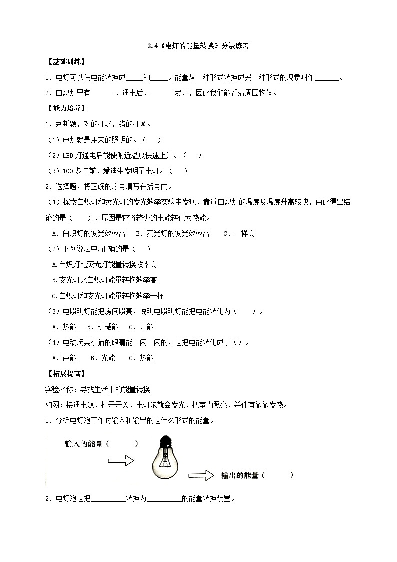 【核心素养】人教鄂教版科学五年级下册2.4《电灯的能量转换》课件+教案+分层练习01