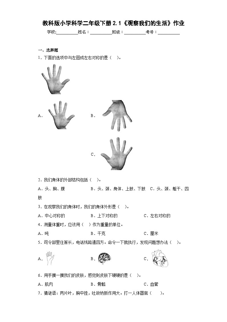 教科版小学科学二年级下册2.1《观察我们的身体》作业第1页