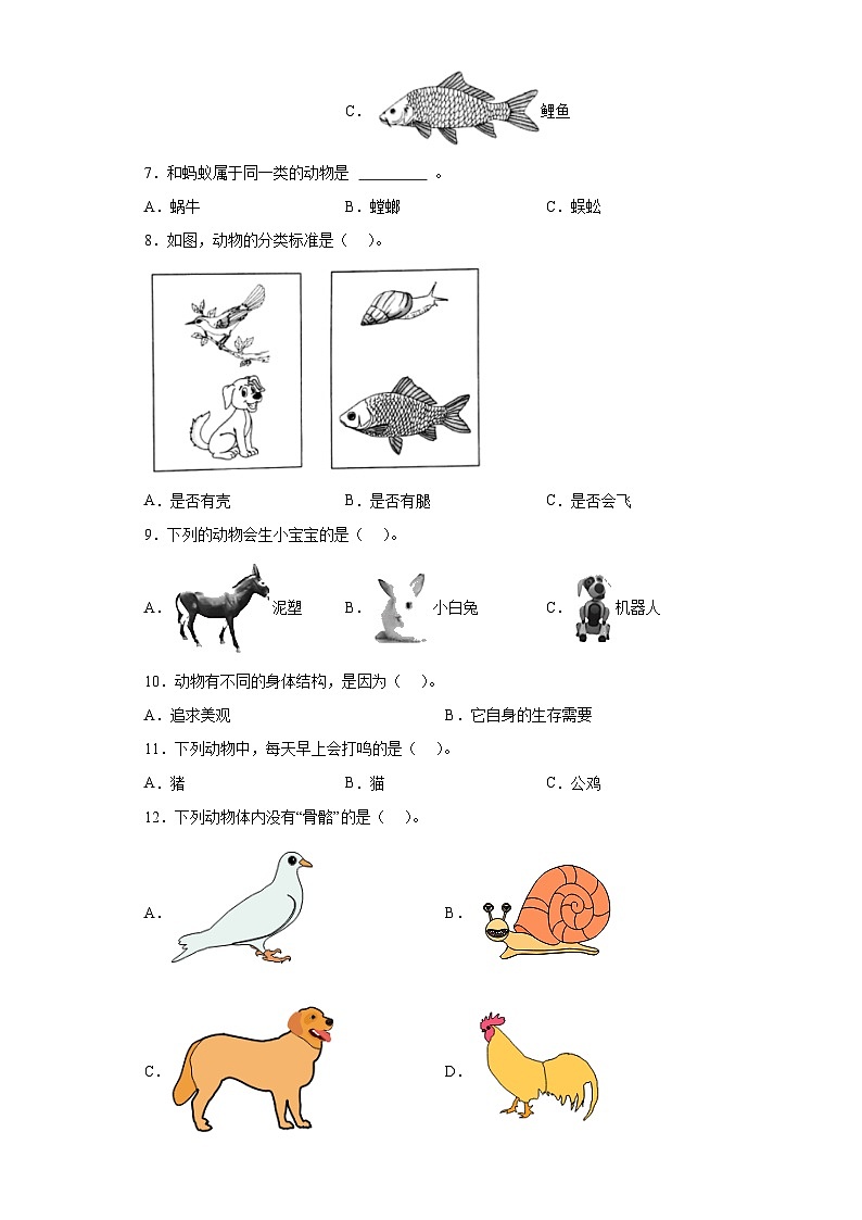 教科版小学科学一年级下册2.6《给动物分类》作业02