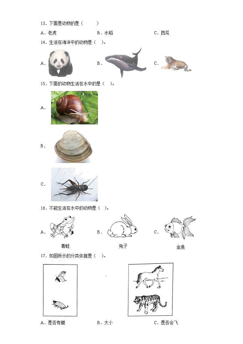 教科版小学科学一年级下册2.6《给动物分类》作业03