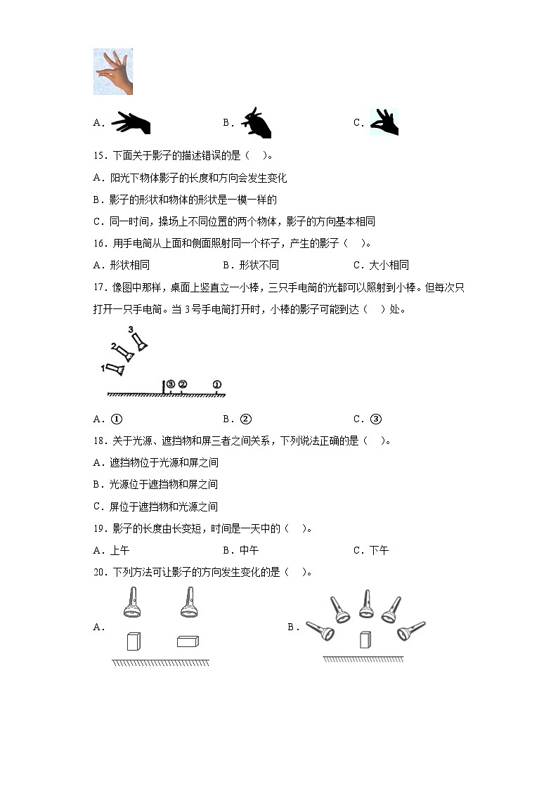 教科版科学三年级下册3.3《影子的秘密》习题第3页