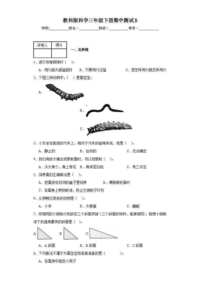2023-2024教科版科学三年级下册期中测试B第1页