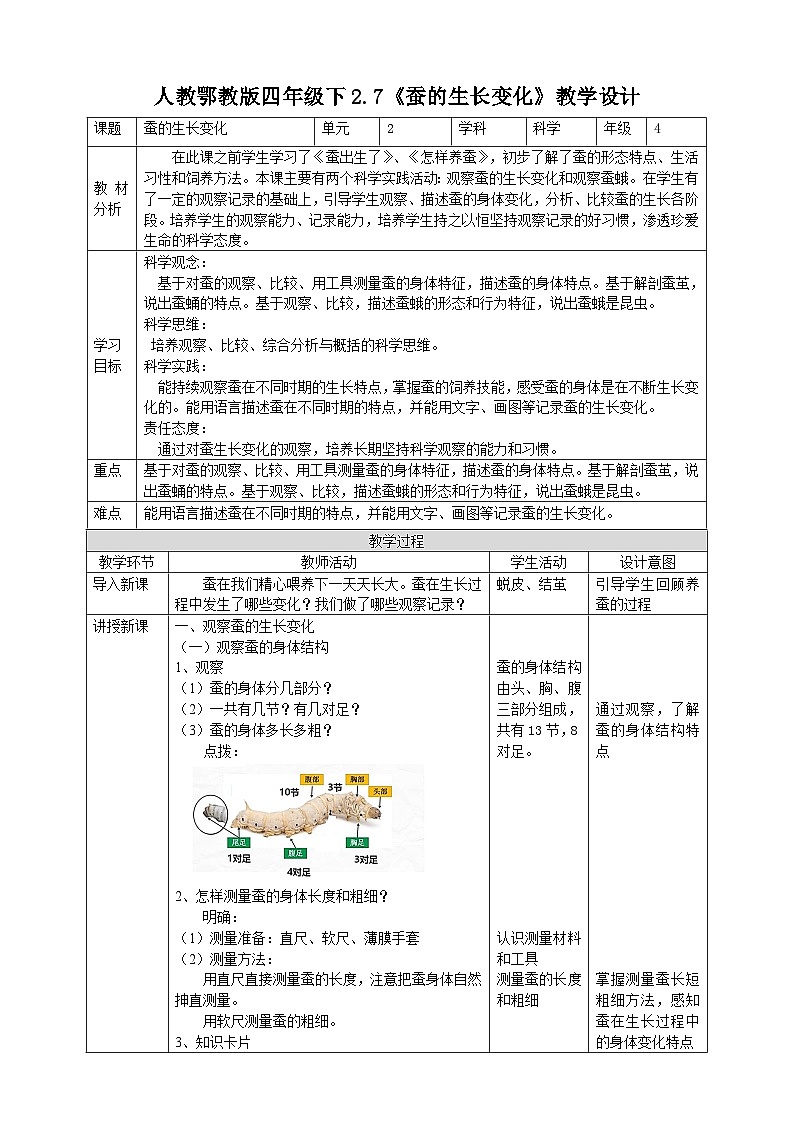 人教鄂教版四下【新课标】2.7《蚕的生长变化》教案01