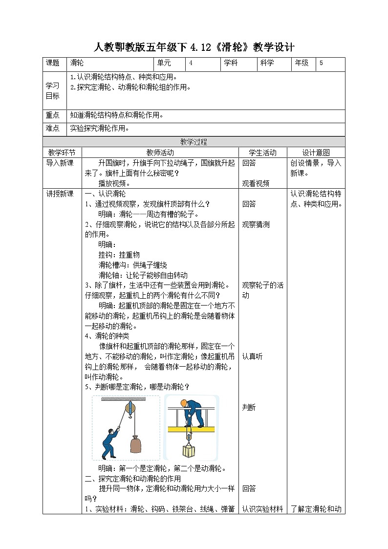 鄂教人教版五年级下册科学4.12《滑轮》教案第1页