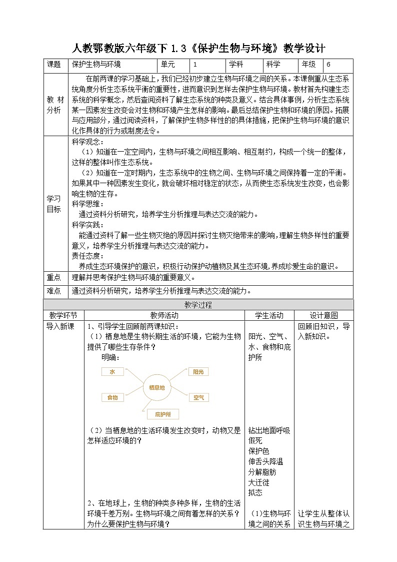 鄂教人教版科学六年级下册1.3《保护生物与环境》教案01