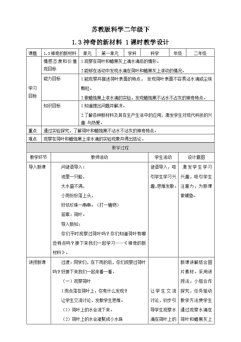 苏教版-科学 二下1.3神奇的新材料-教案第1页