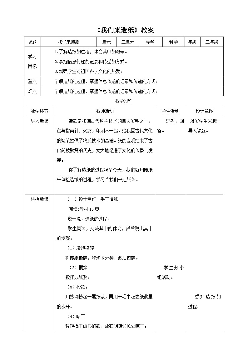 大象版科学二年级下册2.1 我们来造纸教案01