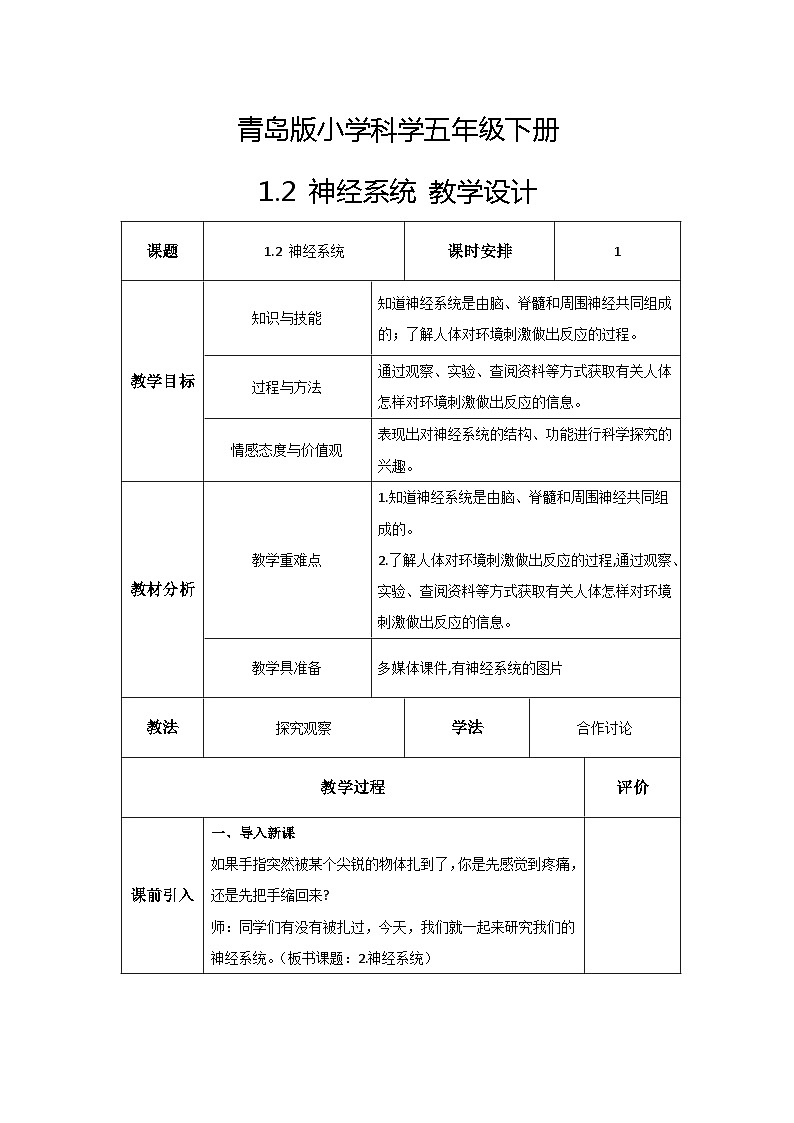 青岛版科学五年级下册1.2《神经系统》课件+教案+练习（含答案）+素材01