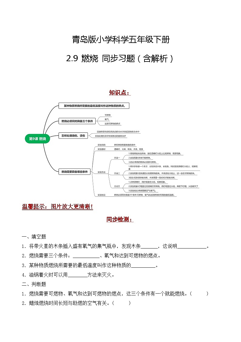 青岛版科学五年级下册2.9《燃烧》练习第1页