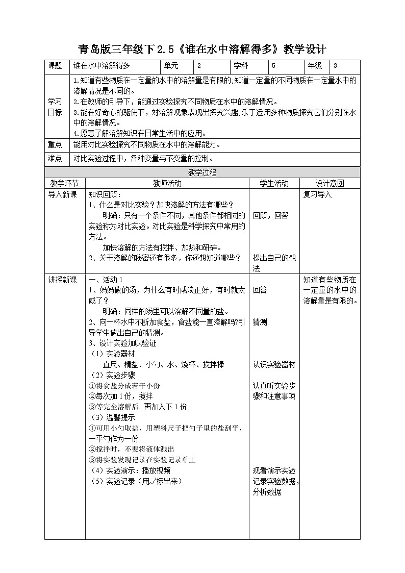 青岛版（六三）三年级科学下册2.5《谁在水中溶解得多》教案第1页