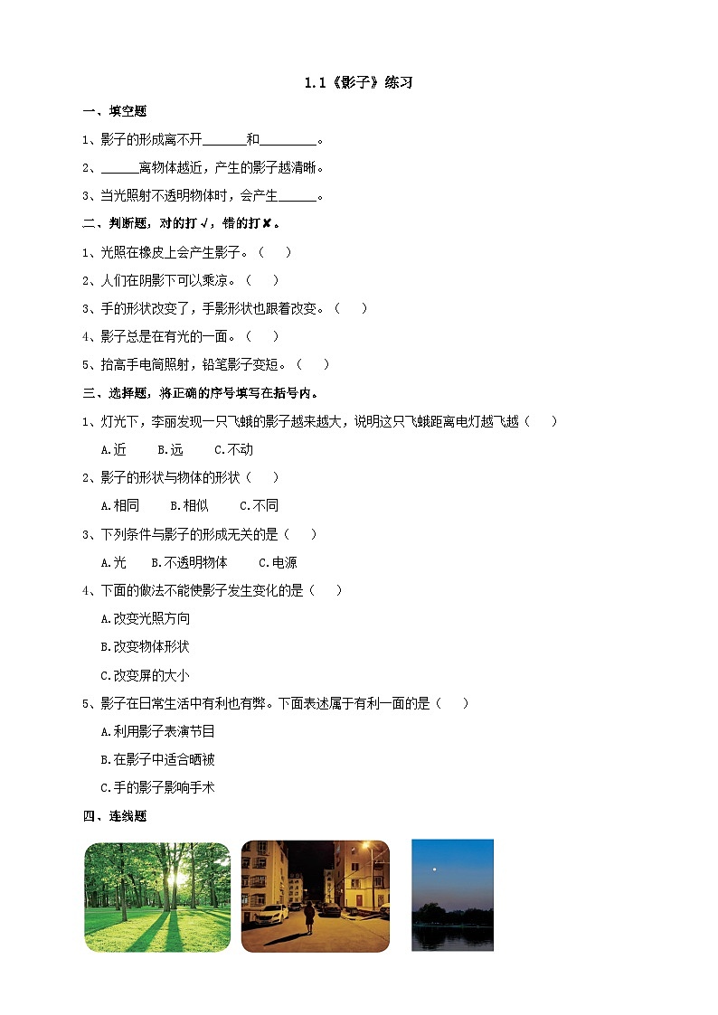 青岛版（六三）三年级科学下册1.1《影子》练习（含答案）01