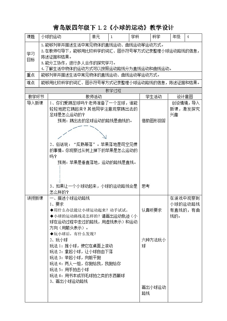 青岛版六三制科学四年级下册1.2《小球的运动》教案01