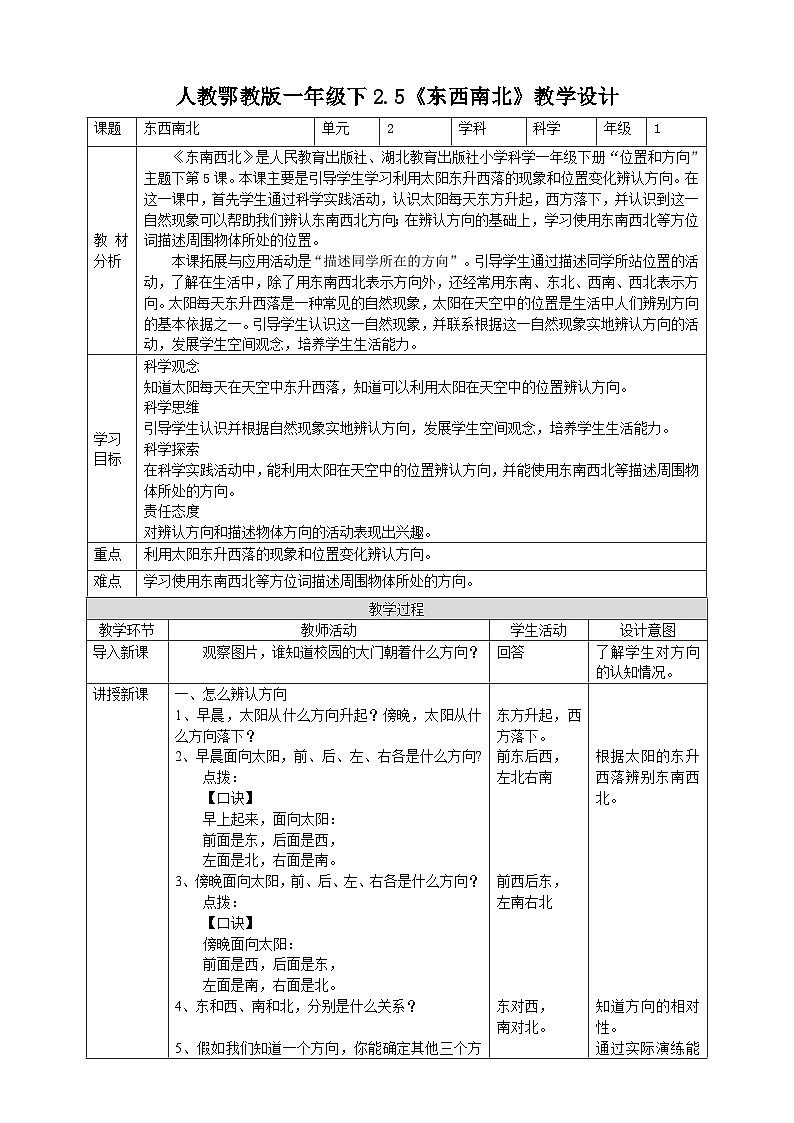 【核心素养】人教鄂教版科学一年级下册2.5《东南西北》课件+教案+分层练习01