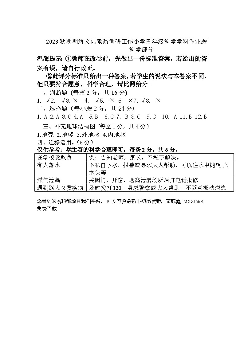34，河南省南阳市方城县2023-2024学年五年级上学期期末考试综合（道德与法治+科学）试题第1页