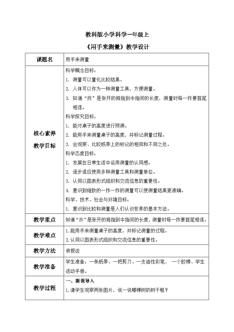 教科版 科学 一上 《用手来测量》 课件+教案（含教学反思）01