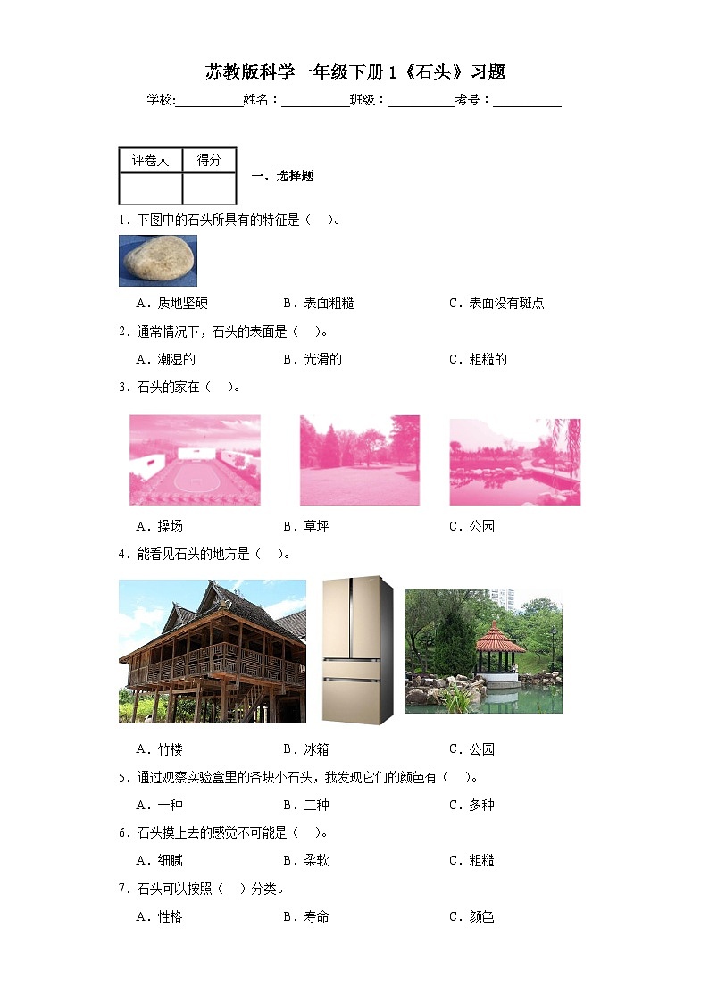 2023-2024苏教版科学一年级下册1《石头》习题第1页