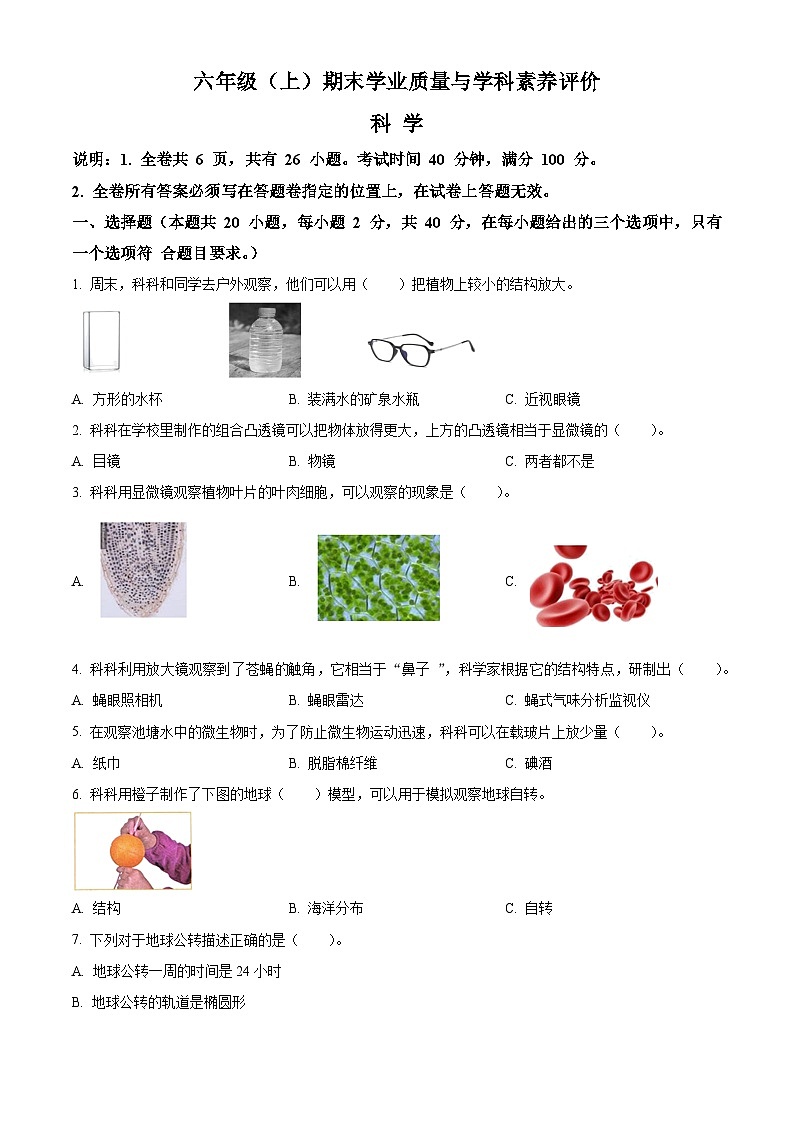 2023-2024学年广东省深圳市罗湖区教科版六年级上册期末考试科学试卷（原卷版+解析版）01