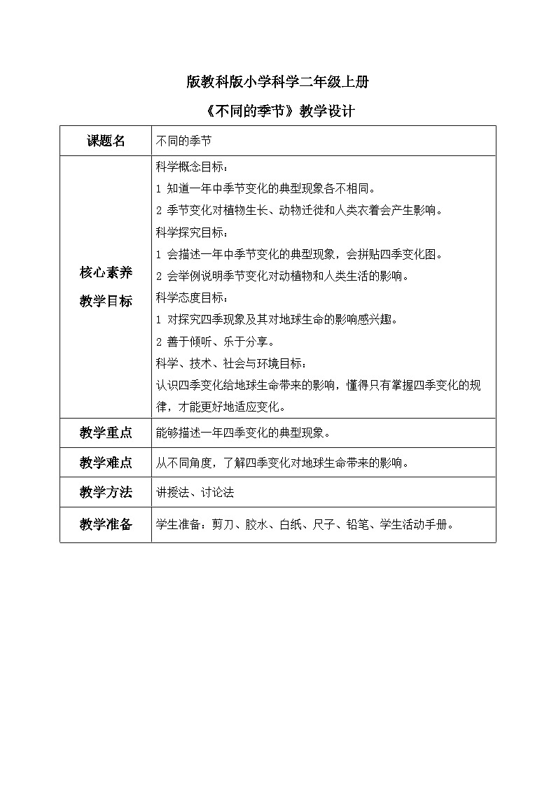教科版 科学 二年级上册《不同的季节》课件+教案（含教学反思）01
