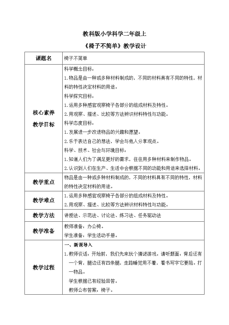 【核心素养目标】教科版小学科学二年级上册 《椅子不简单》教案（表格式）第1页