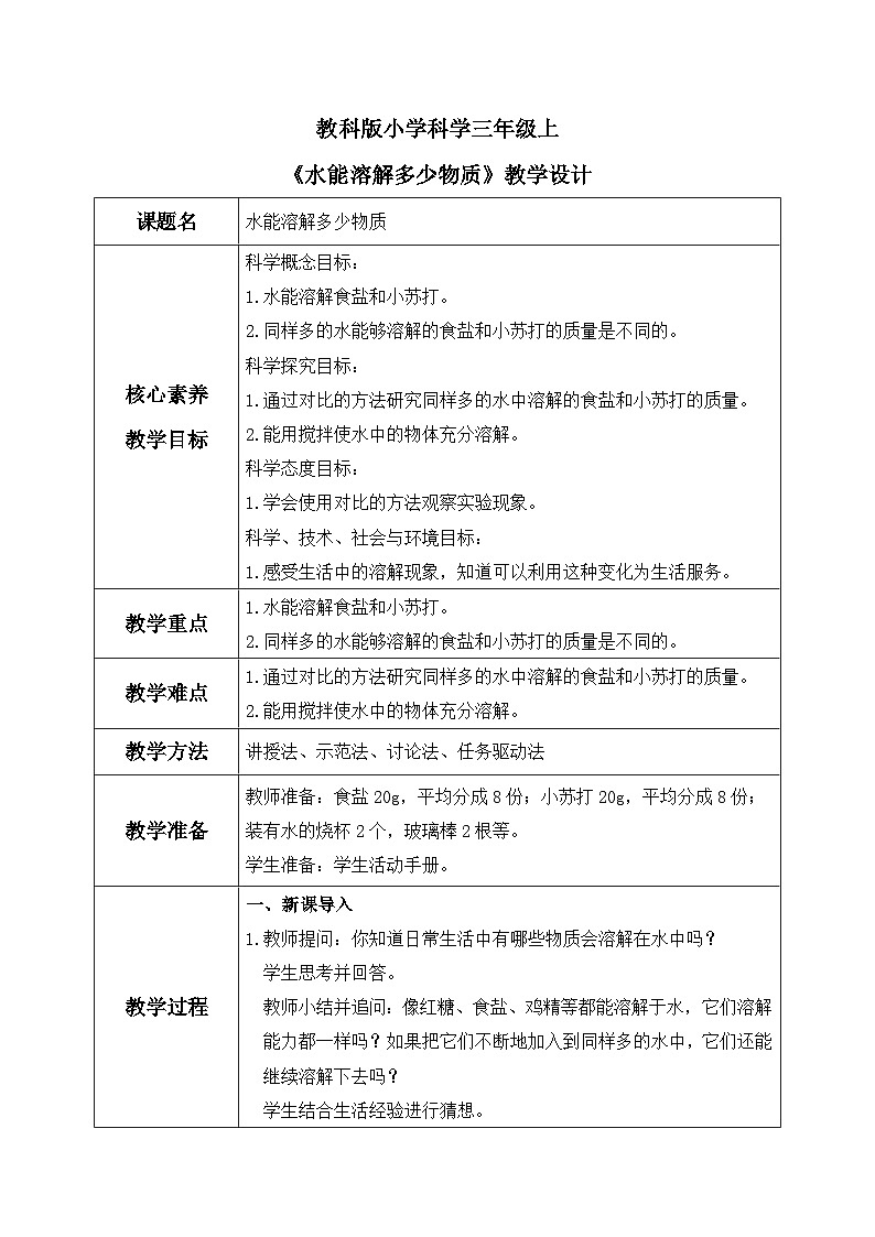 教科版 科学 三年级上册 《水能溶解多少物质》课件+教案（含教学反思）01