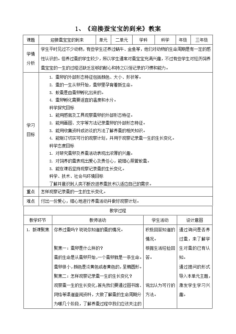 1、《迎接蚕宝宝的到了》课堂实录+教案+教学课件+试题01