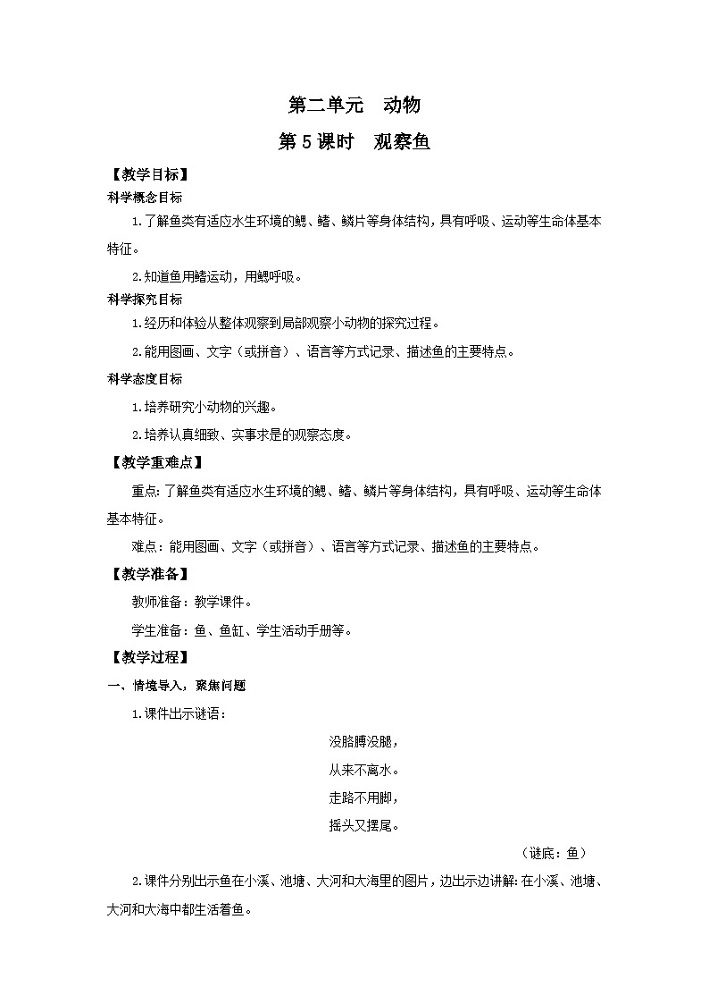 教科版一年级下册科学2.5《观察鱼》教案01