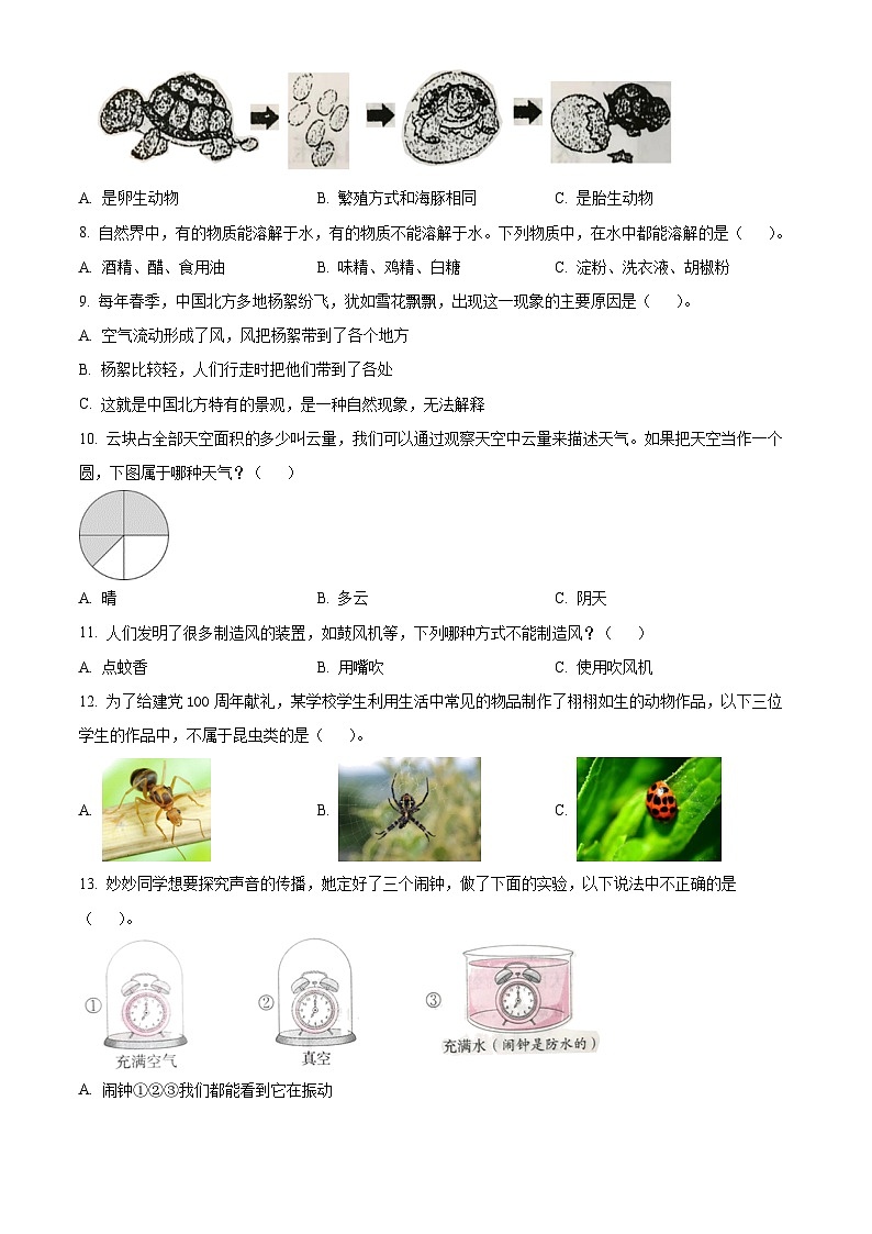 2023-2024学年河南省商丘市睢县大象版三年级上册期末考试科学试卷（原卷版+解析版）02