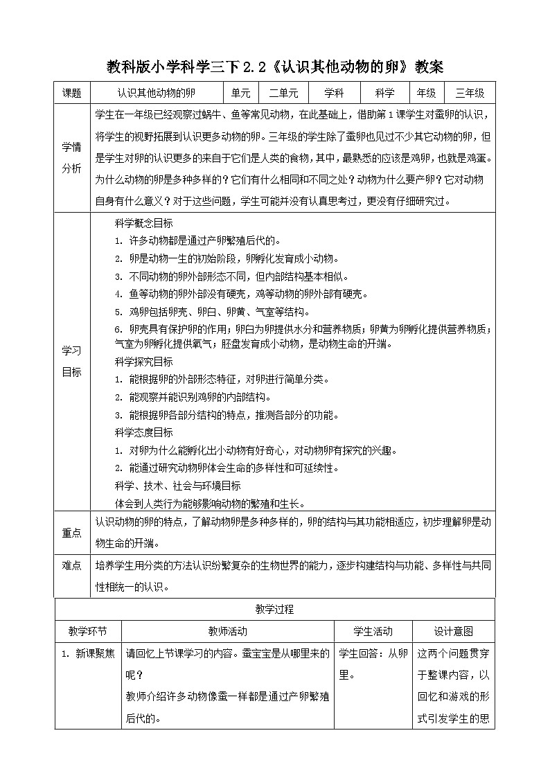2、 《认识其他动物的卵》课堂实录+教案+教学课件+试题01