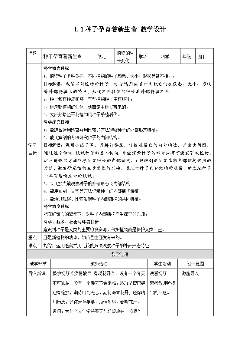 1.1《种子里孕育着新生命》教案 教科版（2017）四年级科学下册01