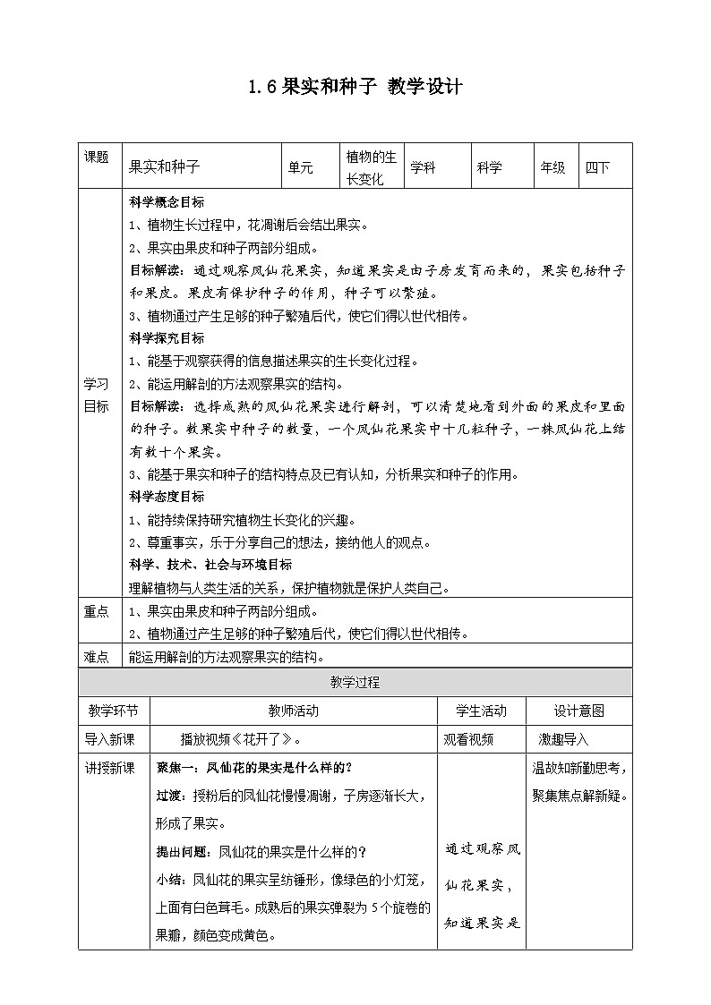 1.6《果实和种子》教案 教科版（2017）四年级科学下册第1页