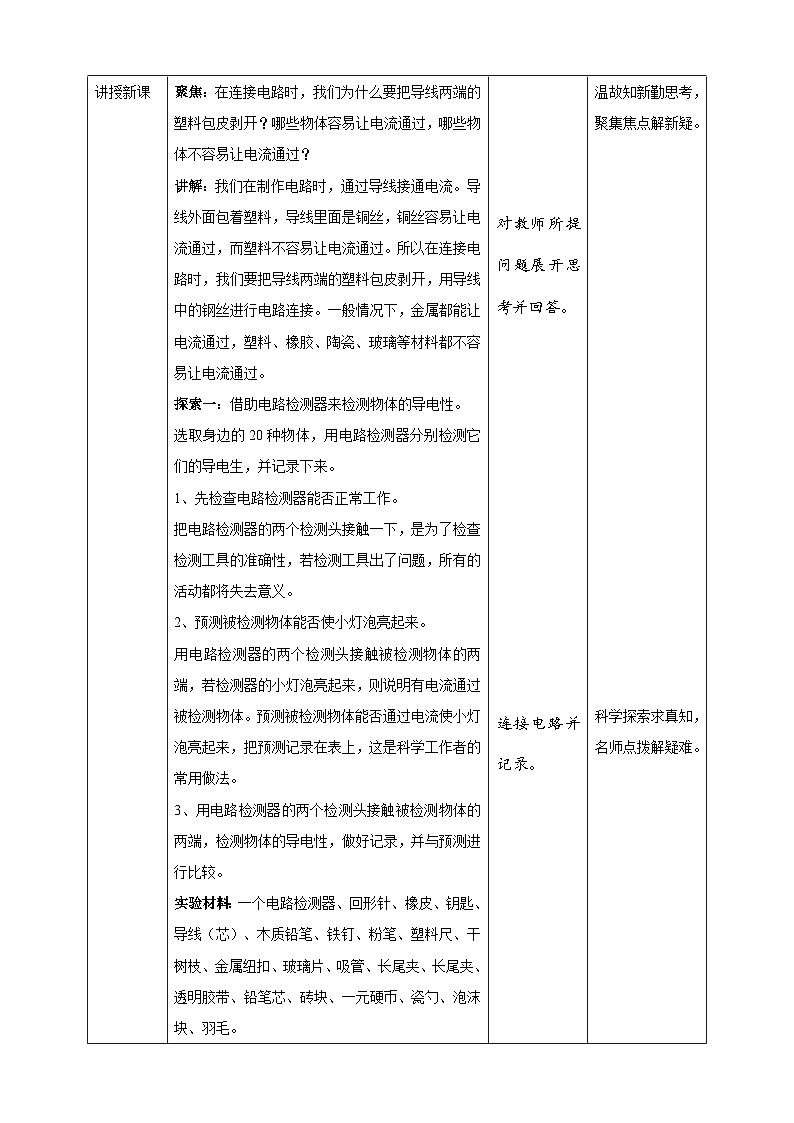 2.6《导体和绝缘体》教案 教科版（2017）四年级科学下册02