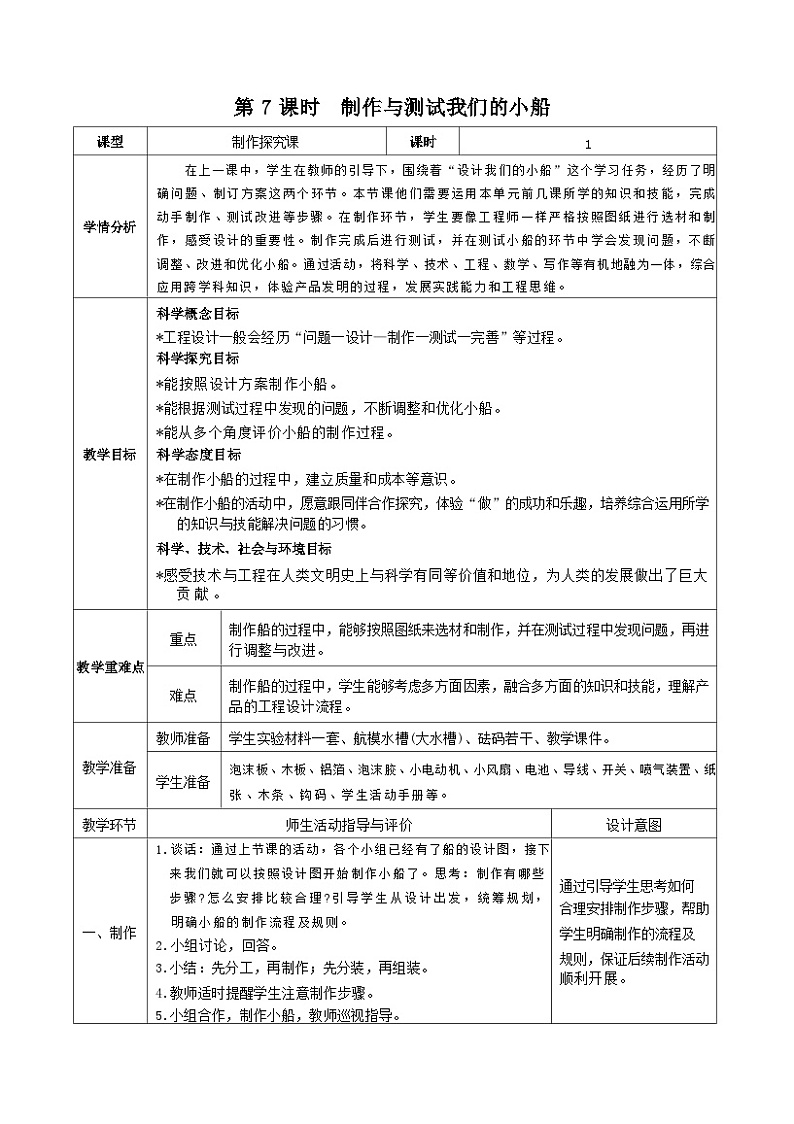 教科版五年级下册科学第7课时  制作与测试我们的小船教案01