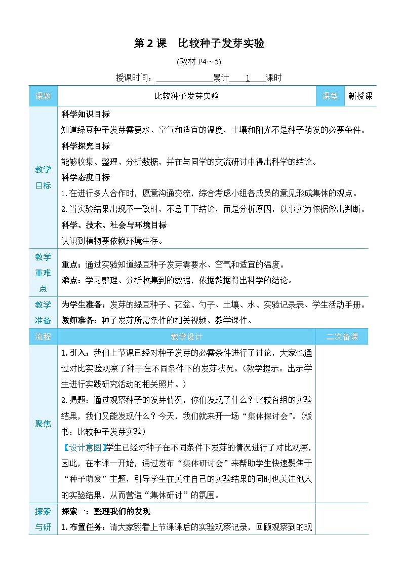 教科版科学五年级下册第2课 比较种子发芽实验教案第1页