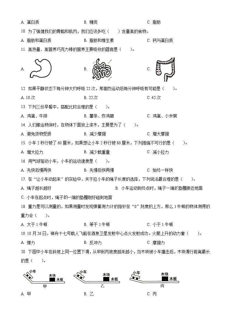精品解析：2023-2024学年广东省深圳市罗湖区教科版四年级上册期末考试科学试卷（原卷版）第2页