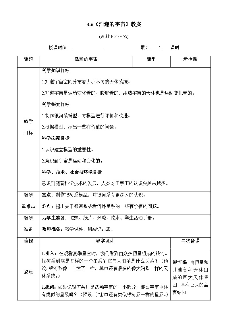 3.6《浩瀚的宇宙》教案 教科版六年级科学下册第1页
