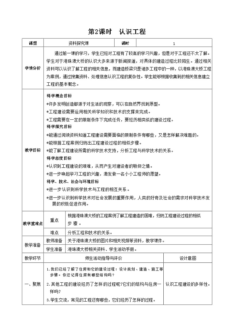 教科版科学六年级下册第2课时  认识工程教案第1页