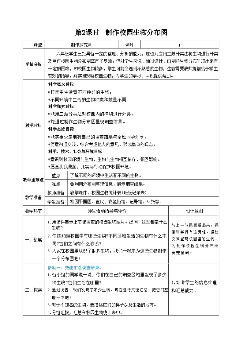 教科版科学六年级下册第2课时  制作校园生物分布图教案第1页